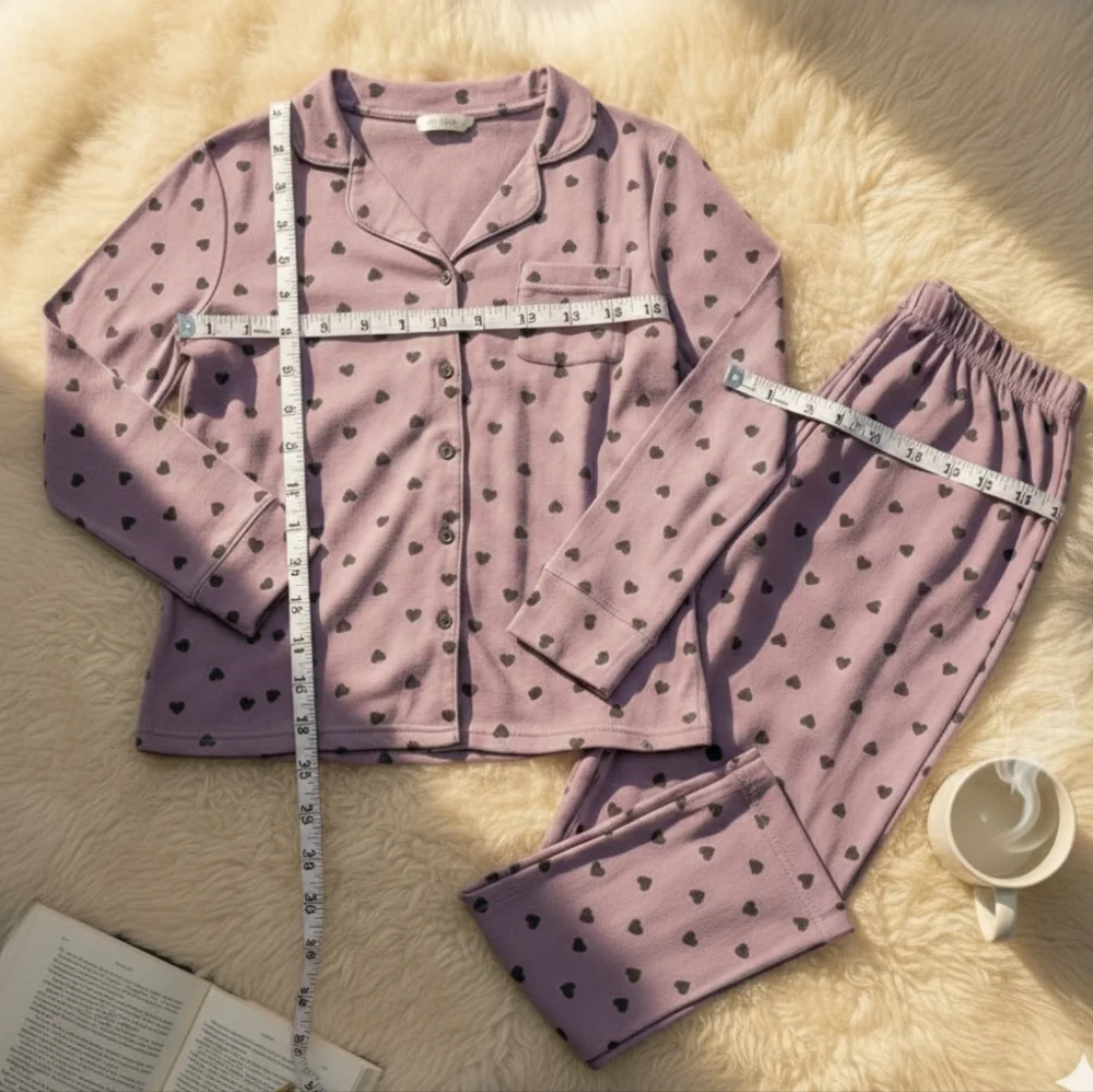 Luxury 95 % Cotton Heart Print Pajama Set - High-End Button Down Sleepwear New